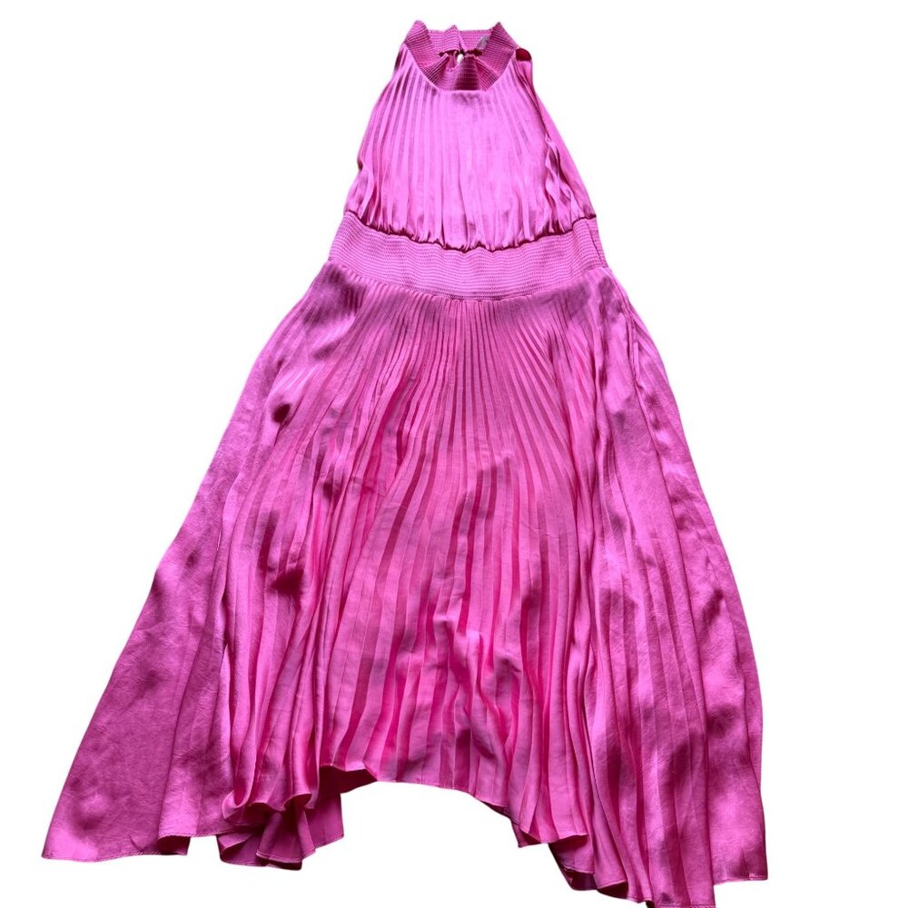 A.L.C. Size 6 Pink Satin Renzo Sleeveless Pleated Smocked Blouson Midi Dress - Picture 11 of 16